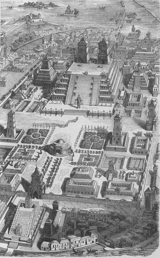 61. Tempelanläggningarna i den stora teokallien i  Tenochtitlan. Efter Gomaras<bbeskrifning restaurerade af O. Mothes.