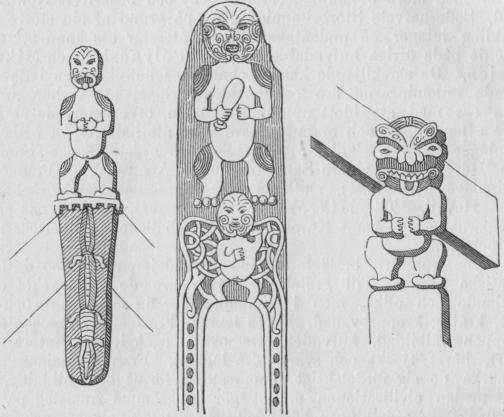 111 —113. Snidade afgudabilder i ett hus i Ohinemuto (vid Rotoruasjön).