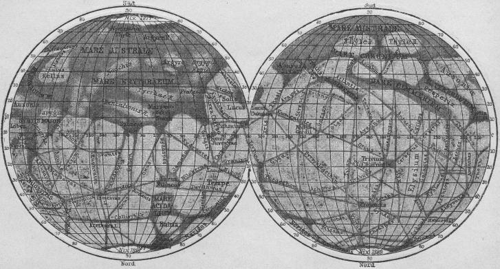 Fig. 42. Öfversiktskarta öfver Mars med dess s. k. kanaler i enkelt skick.