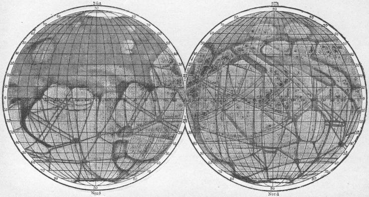 Fig. 43. Öfversiktskarta öfver Mars med fördubblade kanaler.