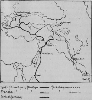 Karta II.  Järnvägar i turkiska Asien 1914 (hufvudlinjer).