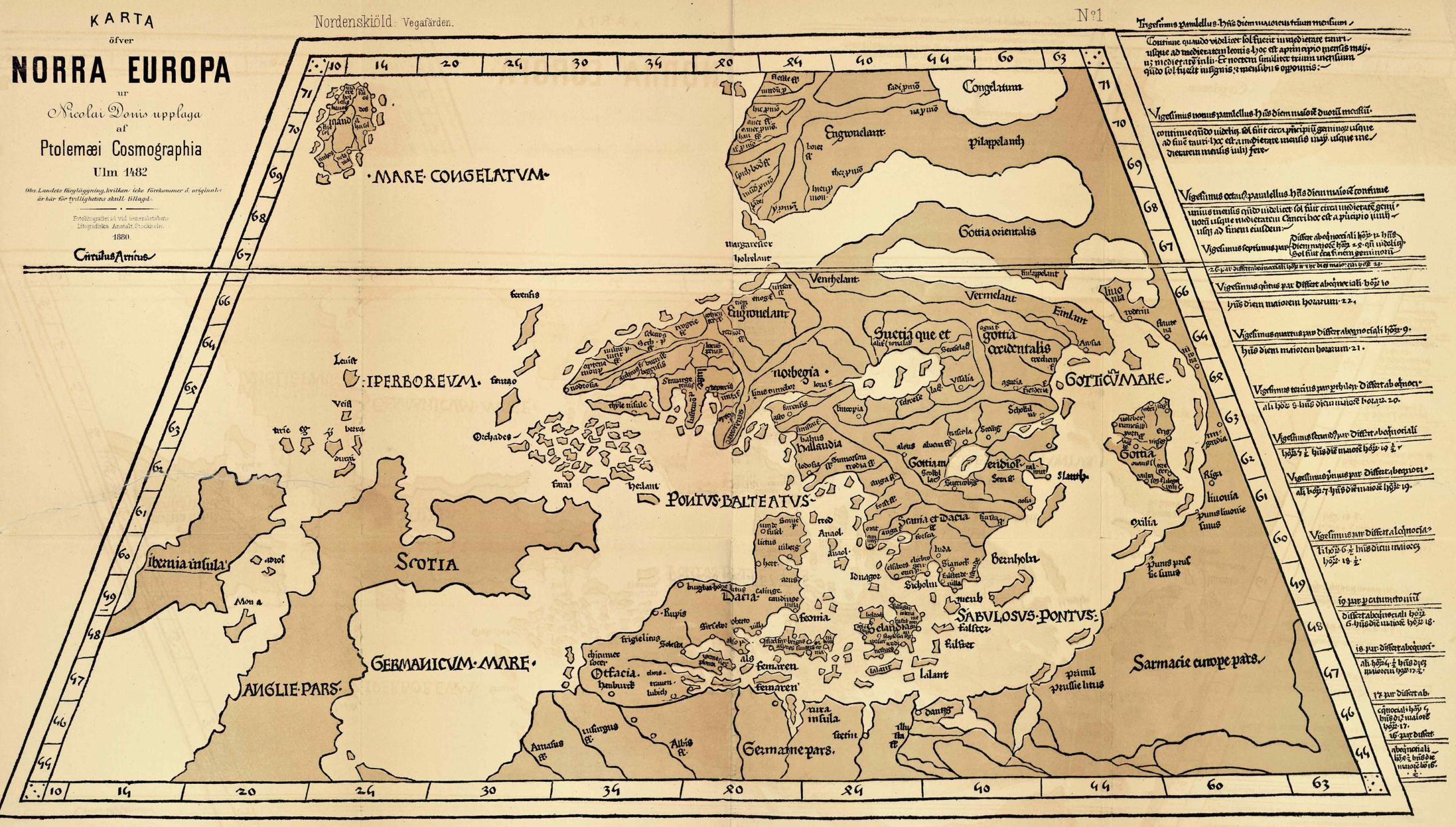 <smalFotolitografierad vid Generalstabens Litografiska Anstalt, Stockholm</smal<bKARTA<böfver<b<biNORRA EUROPA</bi<bur<bNicolai Donis upplaga<baf<b<biPtolemæi Cosmographia</bi<b<biUlm 1482</bi