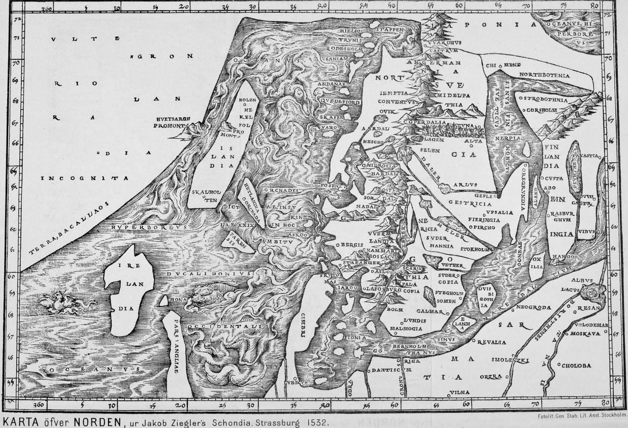 <biKARTA öfver NORDEN, ur Jakob Ziegler’s Schondia. Strassburg 1532.</bi                        <smalFotolit. Gen. Stab. Lit. Anst. Stockholm.</smal