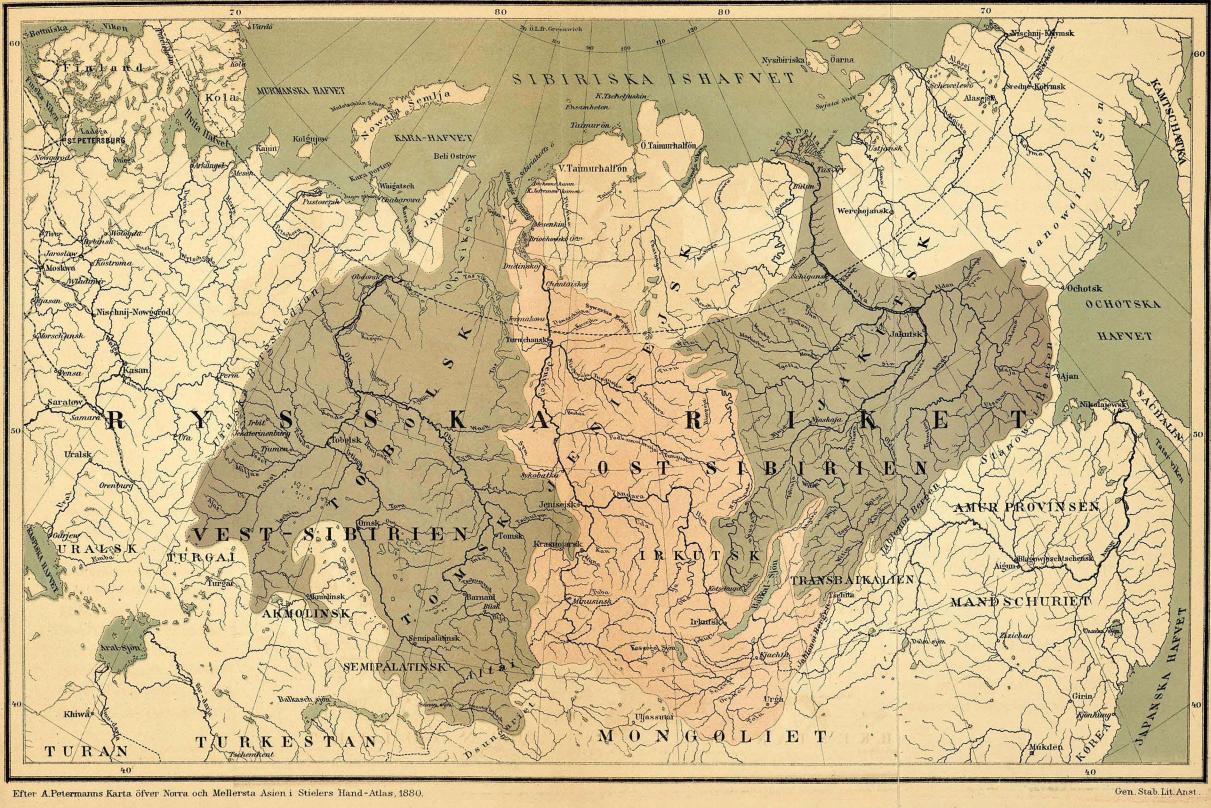 Efter A. Petermanns Karta. öfver Norra och Mellersta Asien i Stielers Hand-Atlas, 1880.                                        Gen. Stab. Lit. Anst.