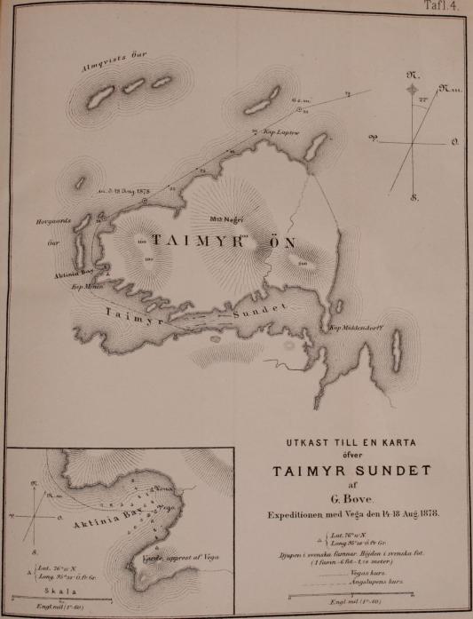 <smalGeneralstabens Litografiska Anstalt</smal<bUTKAST TILL EN KARTA<böfver<b<biTAIMYR SUNDET</bi<baf<bG. Bove.<bExpeditionen med Vega den 14-18 Aug. 1878.