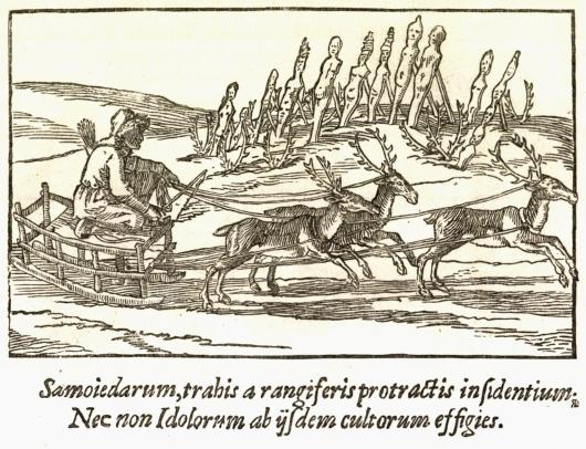 Samojed-Slæde og Afgudsbilleder.<bEfter et gammelt hollandsk Kobberstik.