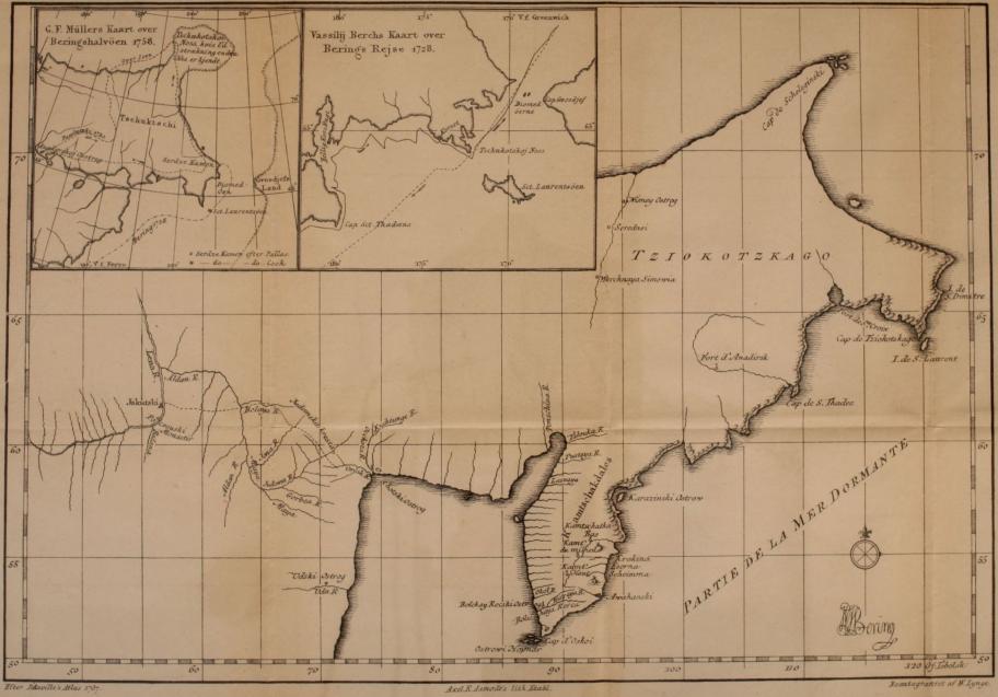 <smalEfter D’Anville’s Atlas 1737                Axel E. Aamodt’s lith. Etabl.                Reautograferet af W. Lynge</smal<bG. F. Müllers Kaart over Beringshalvöen 1758.<bVassilij Berchs Kaart over Berings Rejse 1728.