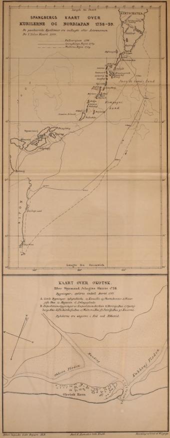 <smalEfter Zapiski Gidr. Depart. IX B.        Axel E. Aamodt’s lith. Etabl.        Reautograferet af W. Lynge.</smal<bSPANGBERG’S KAART OVER KURILERNE OG NORDJAPAN. 1738-39.<bDe punkterede Kystlinier ere indlagte efter Astronomen De l’Isles Kaart 1732.<bKAART OVER OKOTSK.<bEfter Styrmand Jelagis Skizze 1738.<bBygninger, opförte indtil Aaret 1737.<bA. Civile Bygninger 1) Soknekirke 2) Kancelli- og Skattekontor<b3) Pissarjefs Hus 4) Magasin 5)Anlagsplads<bB. Expeditionsbygninger a) Expeditionskirken b) Berings Hus<bc) Spangbergs Hus d) Ischirikofs Hus e) Waltons Hus f) Pertrófs Hus g) Kaserne<bDybderne ere angivne i Fod ved Ebbetid.