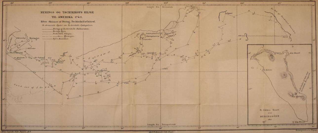 <smalEfter Zapiski Gidr. Depart. IX B.        Axel E. Aamodt’s lith. Etabl.        Reautograferet af W. Lynge.</smal<bBERINGS OG TSCHIRIKOFS REJSE TIL AMERIKA. 1741.<bEfter Skizzer af Bering, Tschirikóf & Chitrof.<bDe skraverede Kyster ere Tscirikófs Opdagelser.<b<bFr. Lütkers Kaart over BERINGSÖEN 1827.