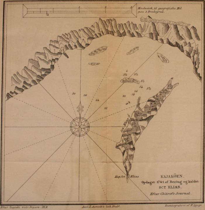 <smalEfter Zapiski Gidr. Depart. IX B.        Axel E. Aamodt’s lith. Etabl.        Reautograferet af W. Lynge.</smal<bKAJAKÖEN.<bOpdaget 1741 af Bering og kaldet SCT. ELIAS.<bEfter Chitrofs Journal.