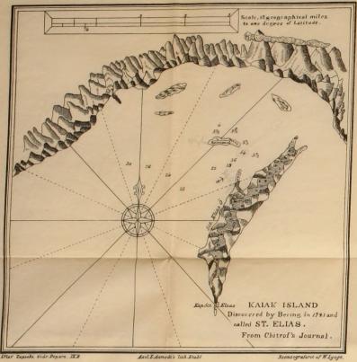 <smalEfter Zapiski Gidr. Depart. IX B.        Axel E. Aamodt’s lith. Etabl.        Reautograferet af W. Lynge.</smal<bKAIAK ISLAND<bDiscovered by Bering in 1741 and called ST. ELIAS.<bFrom Chitrof’s Journal.