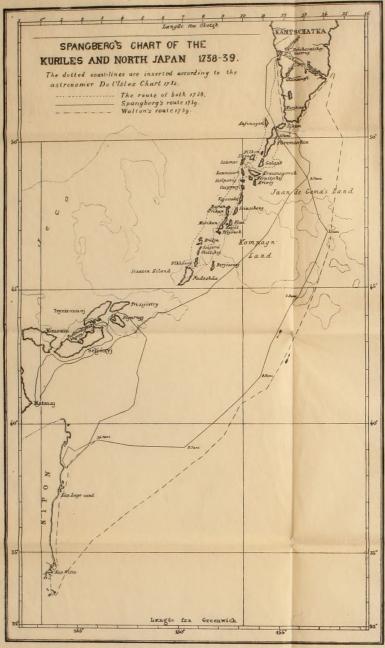 SPANGBERG’S CHART OF THE KURILES AND NORTH JAPAN. 1738-39.<bThe dotted coat-lines are inserted according to the astronomer De l’Isles Chart 1732.