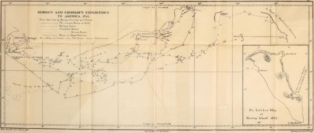 <smalEfter Zapiski Gidr. Depart. IX B.        Axel E. Aamodt’s lith. Etabl.        Reautograferet af W. Lynge.</smal<bBERING’S AND CHIRIKOF’S EXPEDITIONS TO AMERICA. 1741.<bFrom Sketches by Bering, Chirikof and Chitrof.<b<bFr. Lütkers Map of Bering Island 1827.