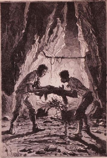 Nab och Pencroff fingo köksbestyren på sin lott (sid. 145).