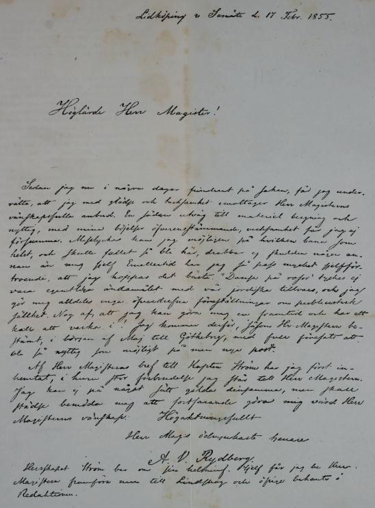 Viktor Rydbergs autograf 1855.<b(Svar på S. A. Hedlunds anbud till honom att inträda i Handelstidningens Redaktion.)
