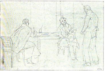 Wieselgren i samtal med en hofveribonde.<b<smalEfter blyertsteckning af artisten J. <span class=